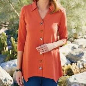 Soft Surroundings 'Danielle' Orange Mixed-Button Shark BiteHem 3/4 Sleeve Tunic